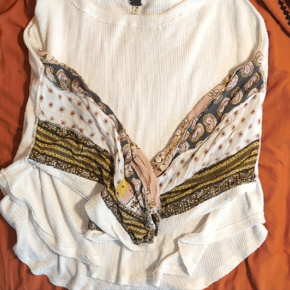 We The Free White and Gold Patchwork Blouse